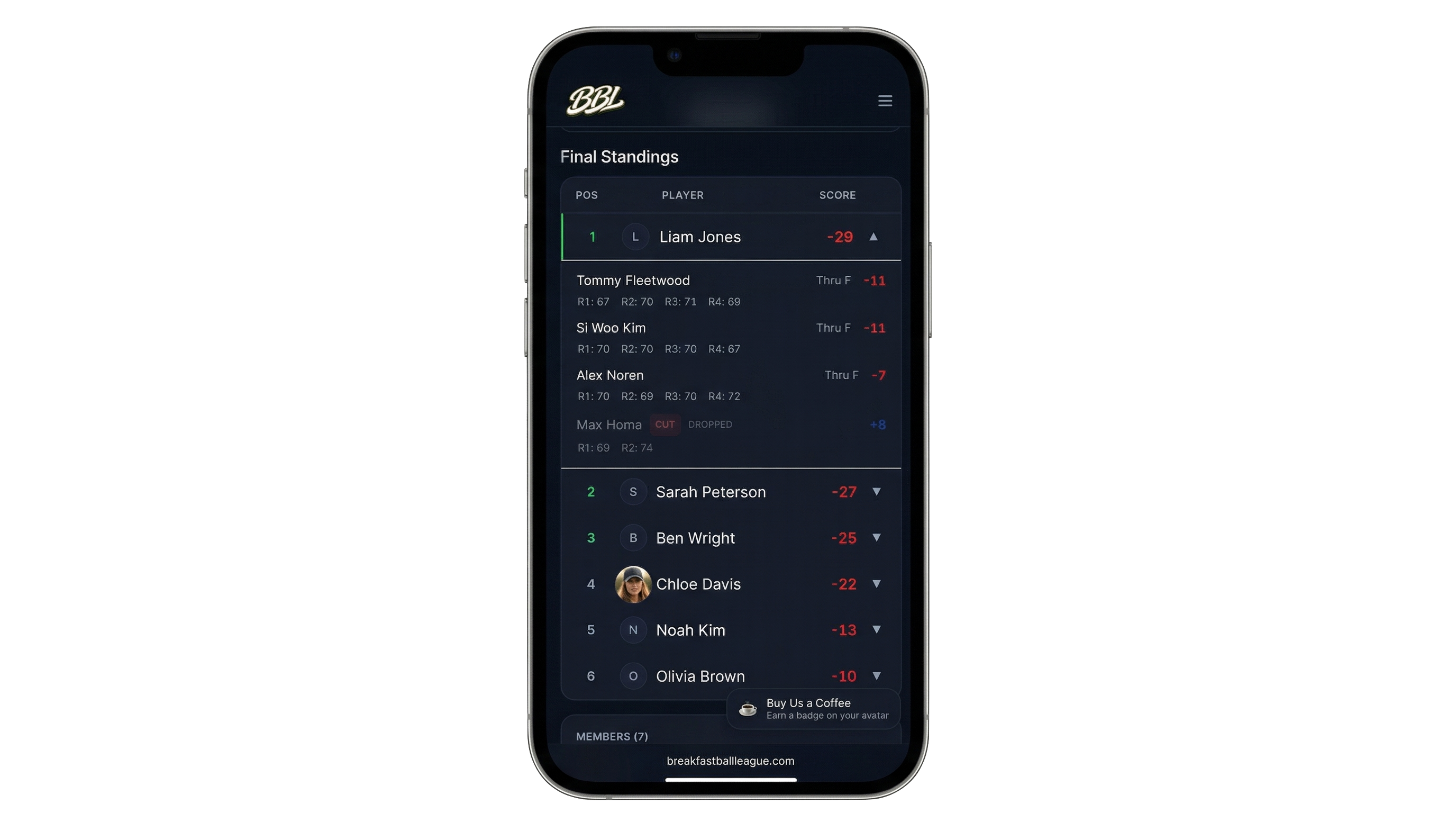 League dashboard showing live standings and scores